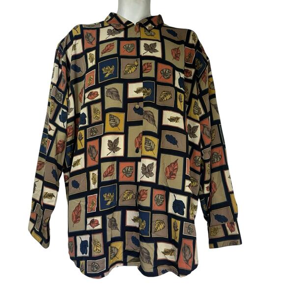 Le Caviar Woman Blouse 3X Fall Leaf Print Button Down Long Sleeve Vintage - Picture 1 of 5